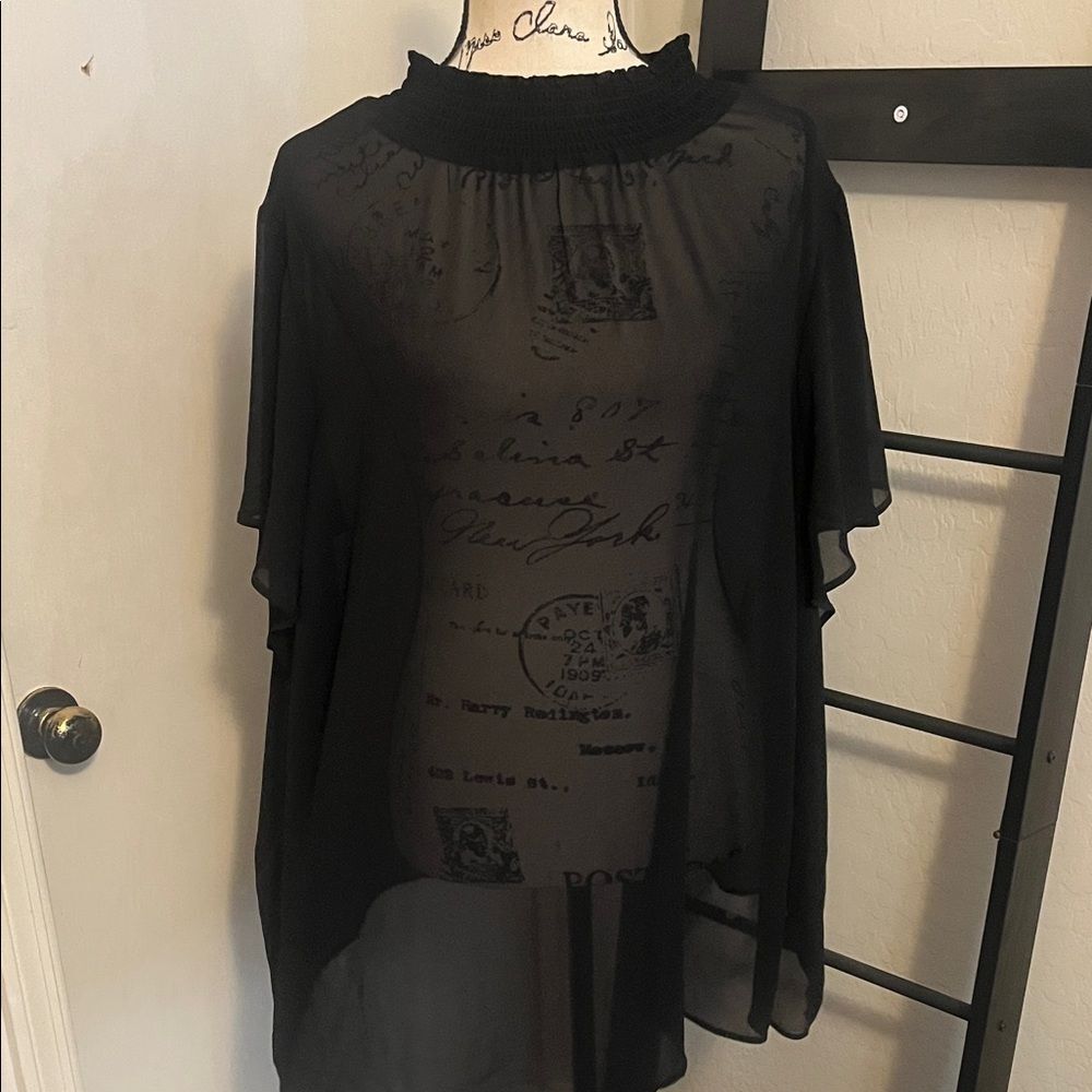 Torrid Chiffon Mock Neck Flutter Sleeve Black Sheer Top Whimsigoth Grunge Emo